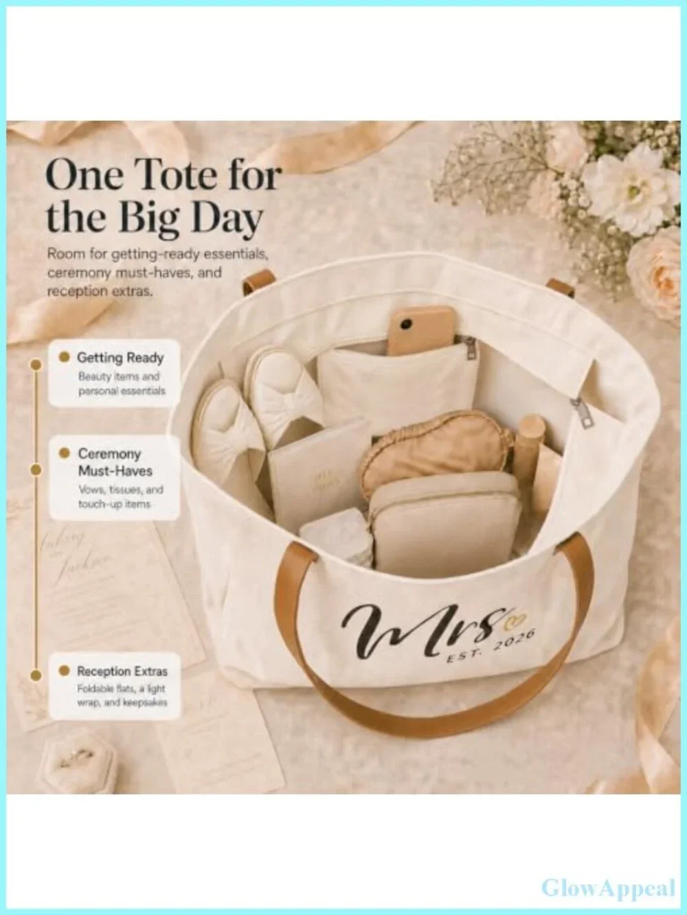 Bridal Tote Bag with Zipper, Canvas Leatherette Handles, Wedding Gifts